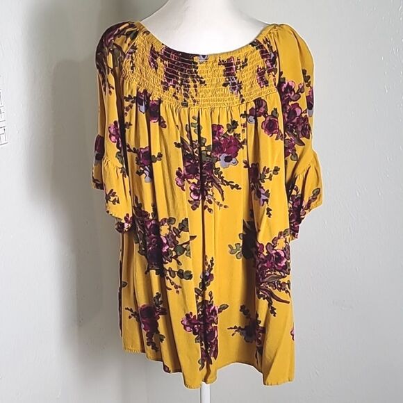 Terra & Sky Gold with Purple Flowers, Short Ruffled Bell Sleeves Tie Front Sz 1X - Picture 6 of 8